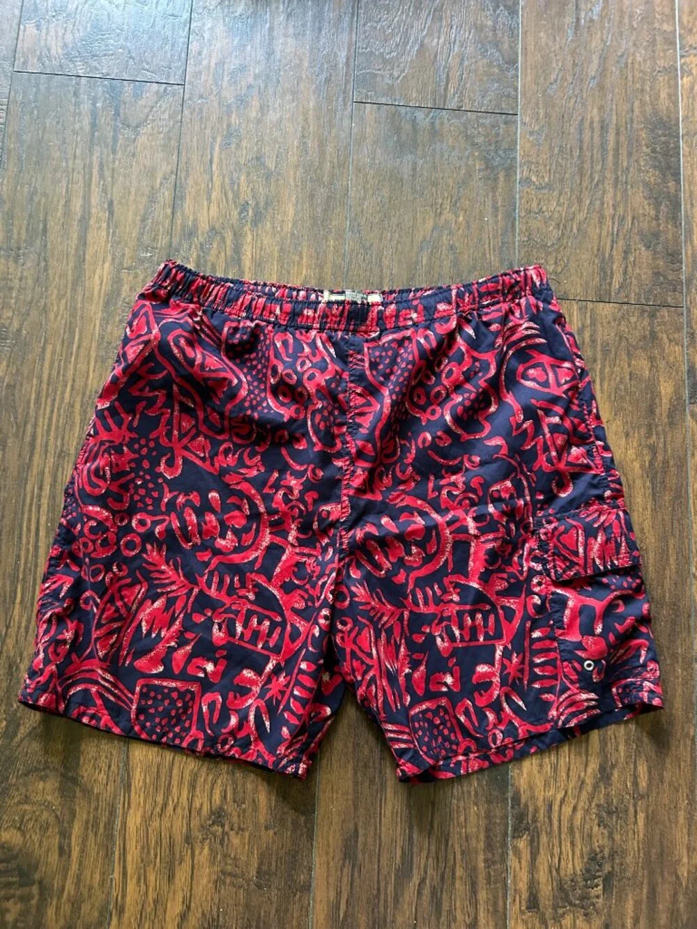 Men's Red & Black Printed Swim Trunks with Elastic Waist